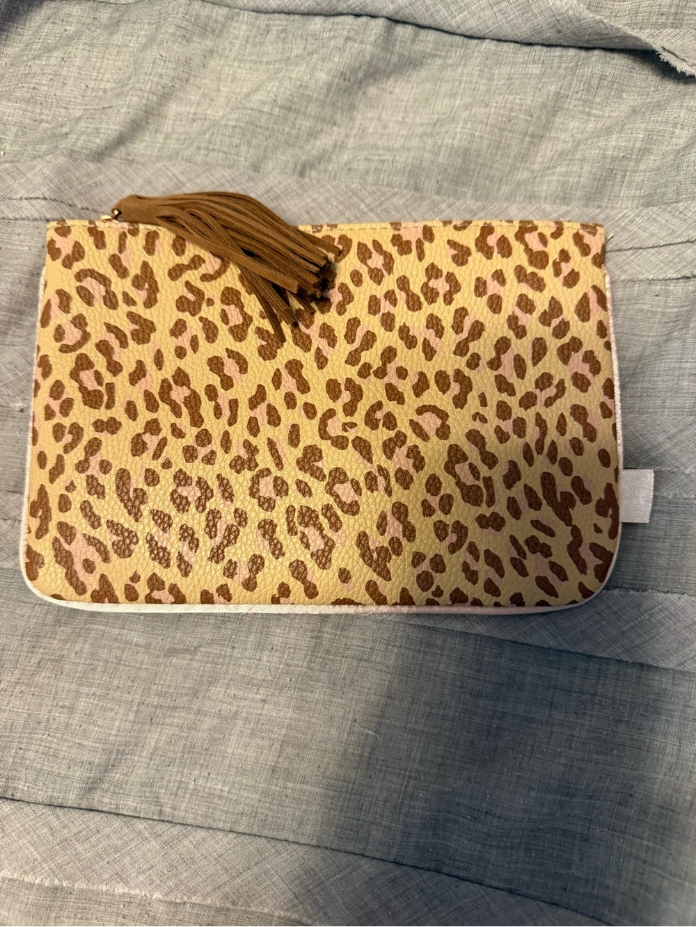 ipsy Leopard Print Cosmetic Bag in Beige and Brown with Tassel